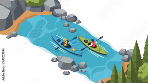 Scenic river journey with two kayakers in serene nature isometric design