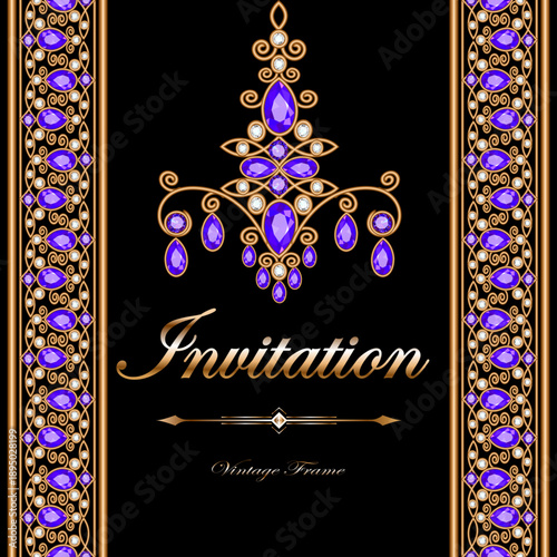 Illustration of vintage frame with precious stones and gold ornament