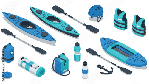 Isometric kayaking gear and equipment set in blue and aqua tones