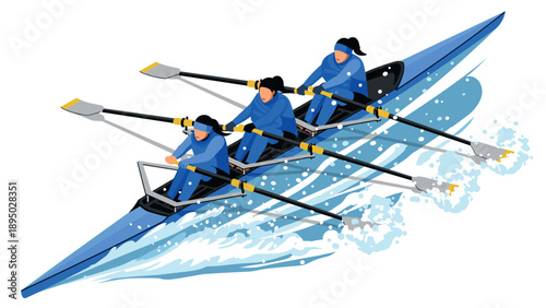 Isometric rowing team in action with dynamic water movement