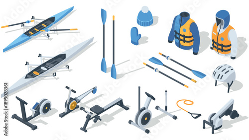 Isometric rowing equipment set with kayaks, oars, and safety gear for outdoor activities
