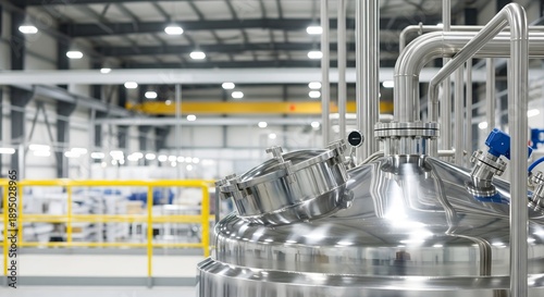 Stainless Steel Industrial Processing Tanks in Modern Factory, Chemical and Pharmaceutical Manufacturing Equipment, Hygienic Production Systems and Industrial Technology Background