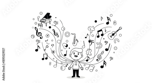 Smiling child surrounded by swirling music notes and instruments in air