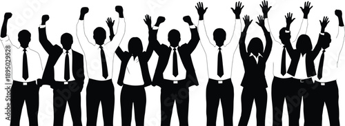 Silhouette vector illustration of people raising hands in unison
