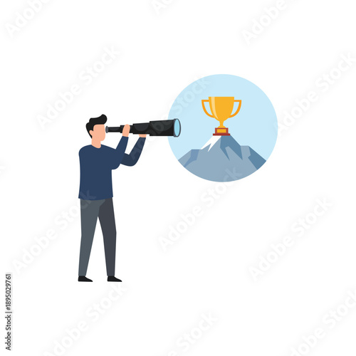 Businessman looks through a telescope toward a distant mountain peak crowned with a golden trophy representing a long-term objective.