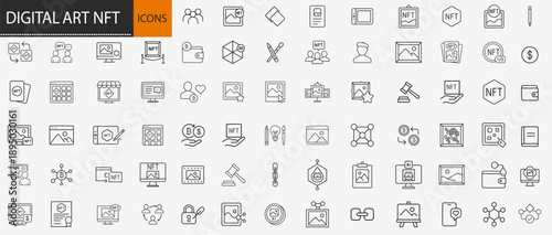 Digital art NFT and blockchain icons set, thin line crypto collectibles virtual assets and non-fungible token technology vector illustration