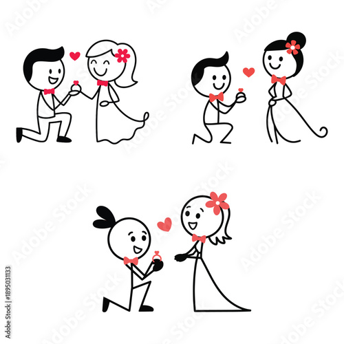“Stick Figure Wedding Proposal Couple Vector Illustration Set”