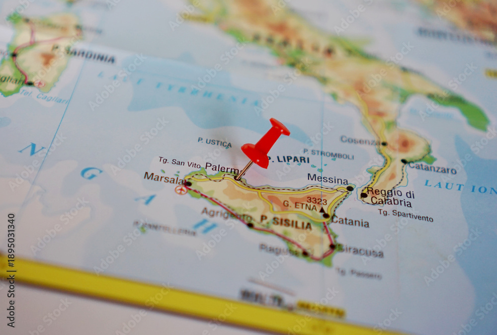 Obraz premium View map of Palermo, Capital of Sicily, Italy, Europe on a geographical map marked with a red pin