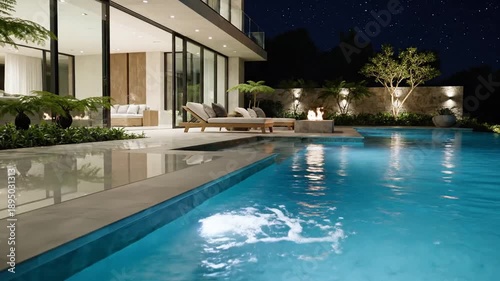 Luxury modern house outdoor swimming pool and lounge area illuminated at night with fire pit and starry sky, perfect for real estate and lifestyle projects