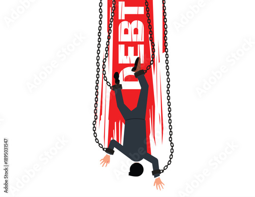 Financial Stability. Terrified businessman crawls to escape his debt burden.