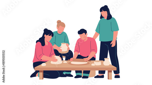 Group pottery workshop: flat design of people crafting clay together