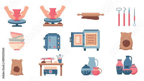 Colorful ceramic crafting: pottery tools and techniques in a flat design art style