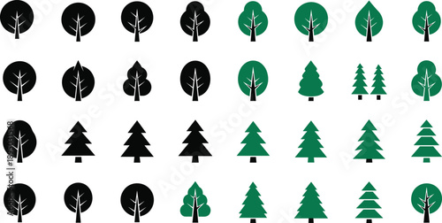 cad drawing flat vector illustration, tree icons set, forest nature symbols, green black silhouettes, ecology environment concept, minimal designcad t 