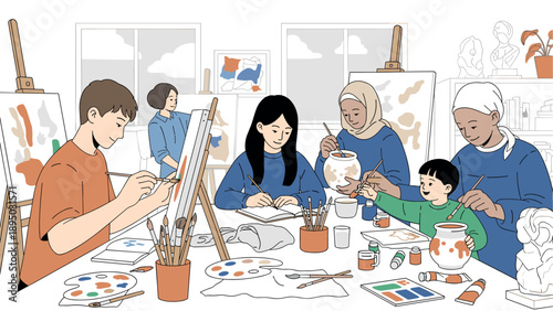 Creative art class: diverse group painting together in colorful studio setting