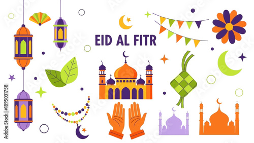 Vibrant Eid al Fitr celebration illustration with mosque, lanterns, and prayer hands in a festive atmosphere