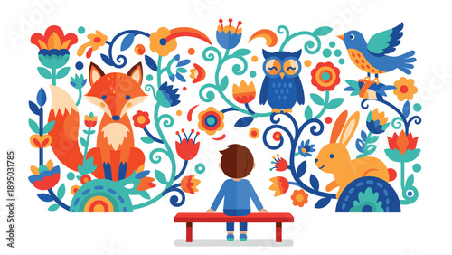 Whimsical forest scene with animals and child in vibrant folkloric style