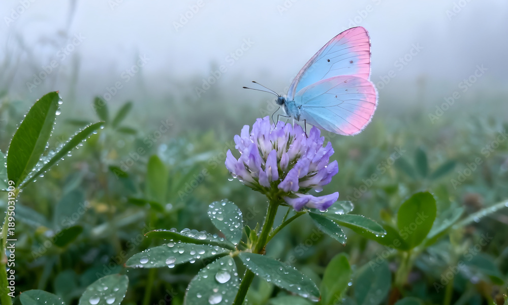 Fototapeta premium Susurro de cristal: Mariposa bajo el rocío Mariposa azul y rosa sobre flor de trébol con gotas de agua Naturaleza en calma