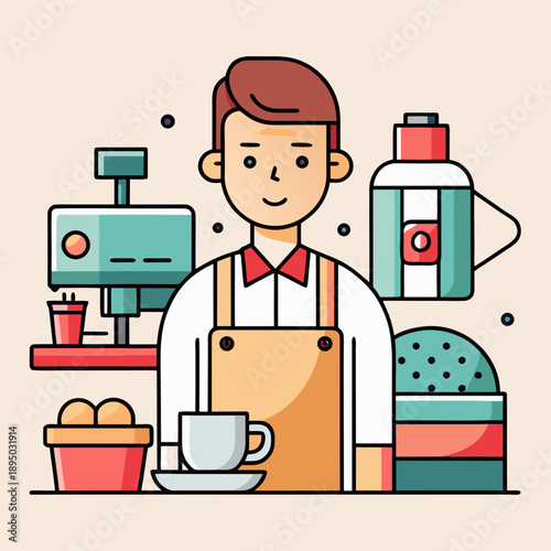 Happy Barista with Coffee Machine and Supplies