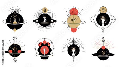 Mystical geometric designs featuring astrological symbols and cosmic elements