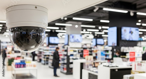 Security Surveillance Camera in Retail Store, CCTV Monitoring and Loss Prevention Technology, Modern Shop Security System, Customer Safety and Retail Protection Concept