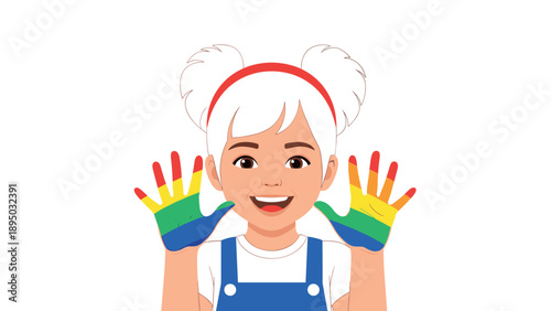 Smiling child with colorful hand paints wearing overalls and headband