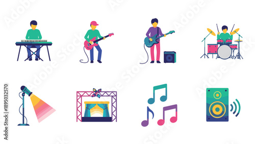 Colorful band performance and music elements in modern flat design
