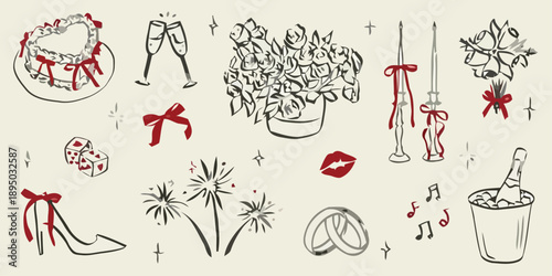 Celebratory elements like champagne, flowers, and accessories are illustrated in a whimsical style