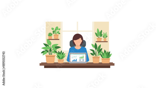 Home office workspace with lush indoor plants and businesswoman at desk