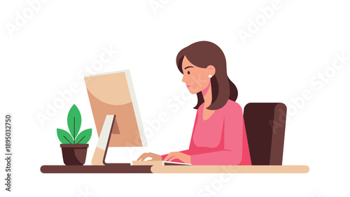Woman working on computer at desk with plant in modern minimalist office setting