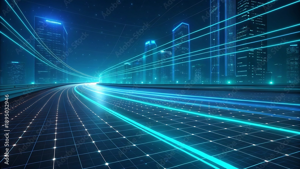 Naklejka premium Futuristic city highway with neon light streaks and digital grid, representing advanced technology and connectivity