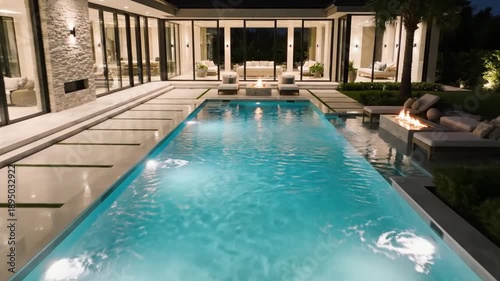 Wallpaper Mural Modern luxury backyard infinity pool illuminated at night with fire pits and palm trees, perfect for outdoor relaxation and evening gatherings Torontodigital.ca