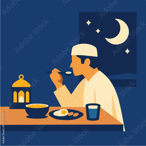 Muslim Man Eating Suhoor Or Iftar Meal During Ramadan Night