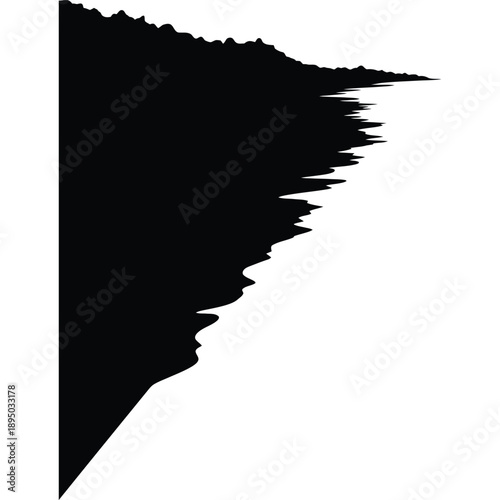 Silhouette of a Rugged Coastline with Steep Cliffs and Calm Sea, Minimalist Black and White Landscape