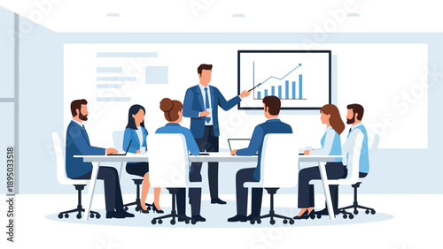Business team meeting in modern office with presentation and growth graph