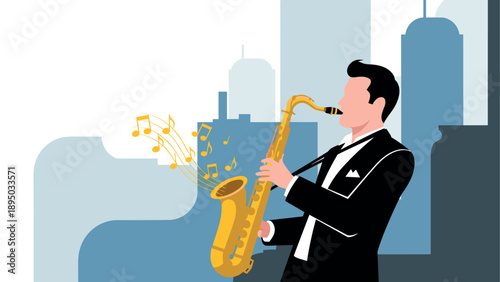 Elegant jazz musician playing saxophone in cityscape background