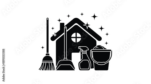 house cleaning illustration with broom mop spray bottle and bucket silhouette