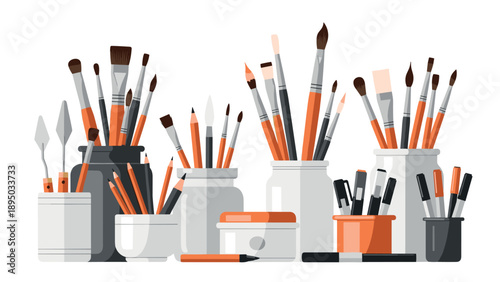 Creative art supplies collection in flat design with paint brushes and pencils