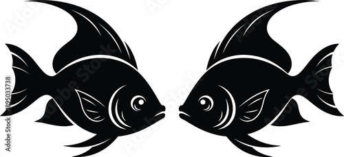 Stylized black fish facing each other, symmetrical aquatic design, decorative fins, white line details, artistic marine illustration, vector fish art, isolated on white background