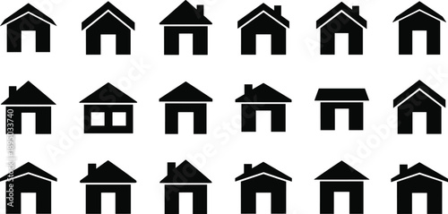 Twenty house silhouette icons, black vector design, roof and chimney variations, architectural style collection, window shapes, home icon set, isolated on white background