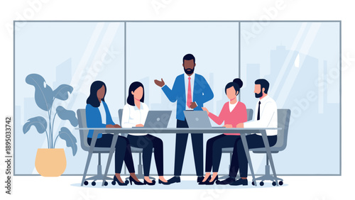 Collaborative office meeting with diverse team in modern workspace