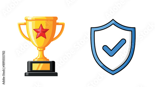 Golden trophy and shield with checkmark icon representing success and security