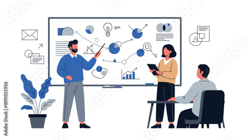 Business team analyzing data on whiteboard in modern office setting with blue accents
