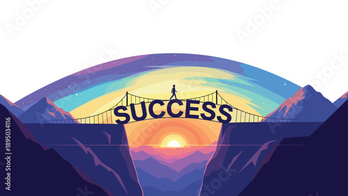 Pathway to success: silhouette crossing bridge at sunset with mountains and sky