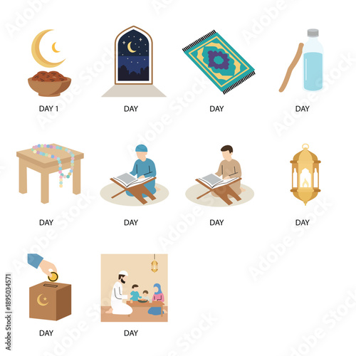 Collection of twelve illustrated icons representing various daily religious practices and traditions associated with Islamic observance throughout a period.
