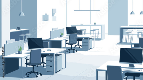 Modern open office space with minimalist design and workstations