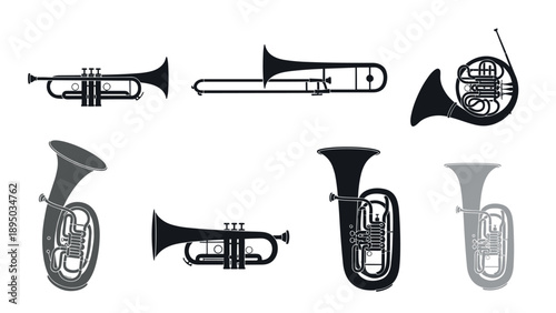 Collection of brass instruments in silhouette style on white background