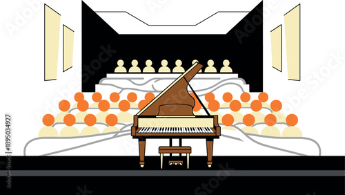 Minimalist concert hall with grand piano and audience in flat design