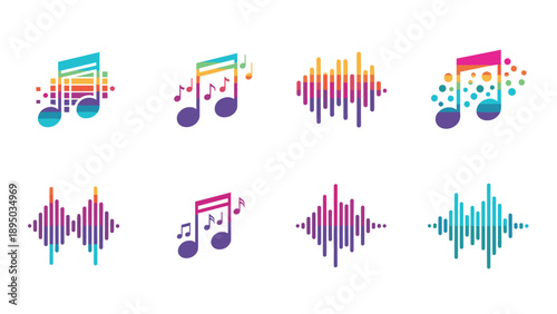Colorful musical icons set with gradient note and sound wave designs