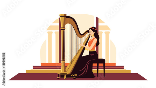 Elegant musician playing a harp in classical setting with warm tones
