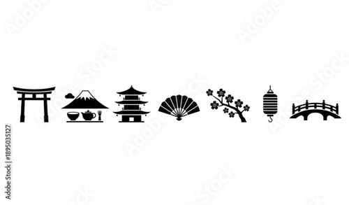 Minimal Japanese Heritage Flat Silhouette Icons Vector Set